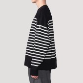 Round collar Striped cotton pullover Navy / White