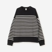 Round collar Striped cotton pullover Navy / White